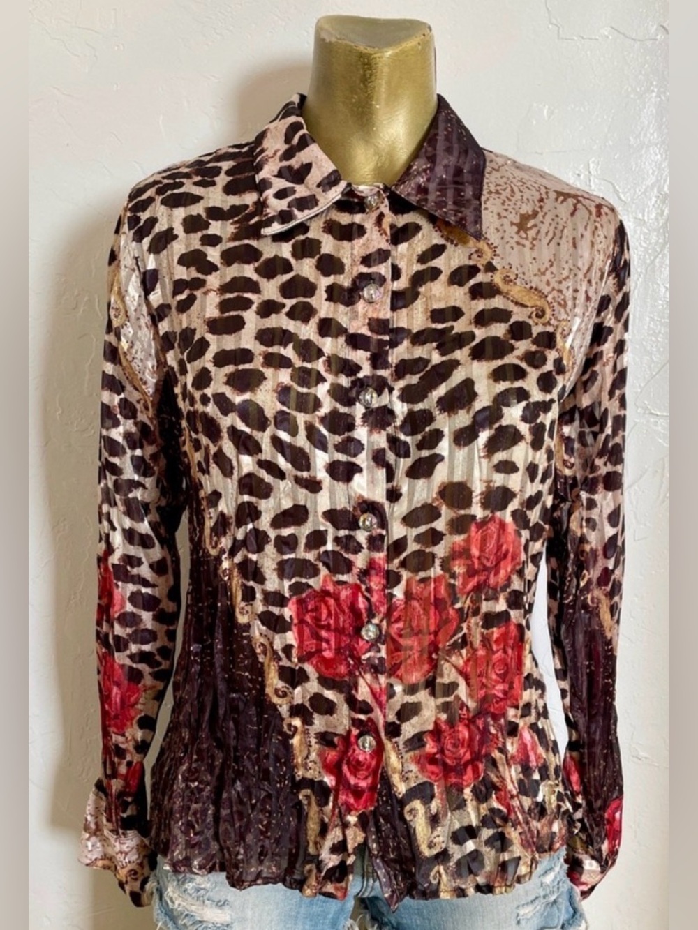 Vintage Y2K LOVE AMOUR Leopard Animal Print Iridescent Button TOP Size Medium